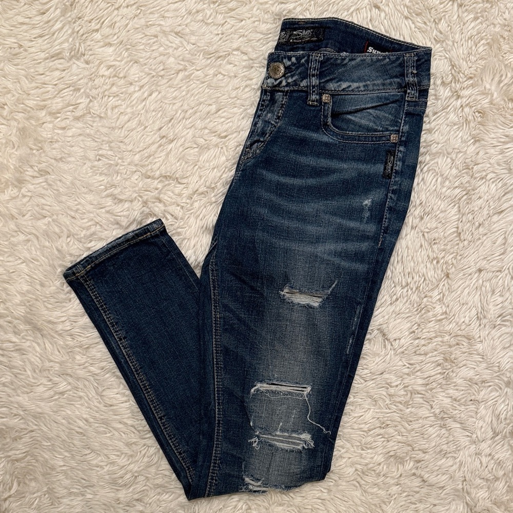 Silver Dark Blue Distressed Skinny Jeans